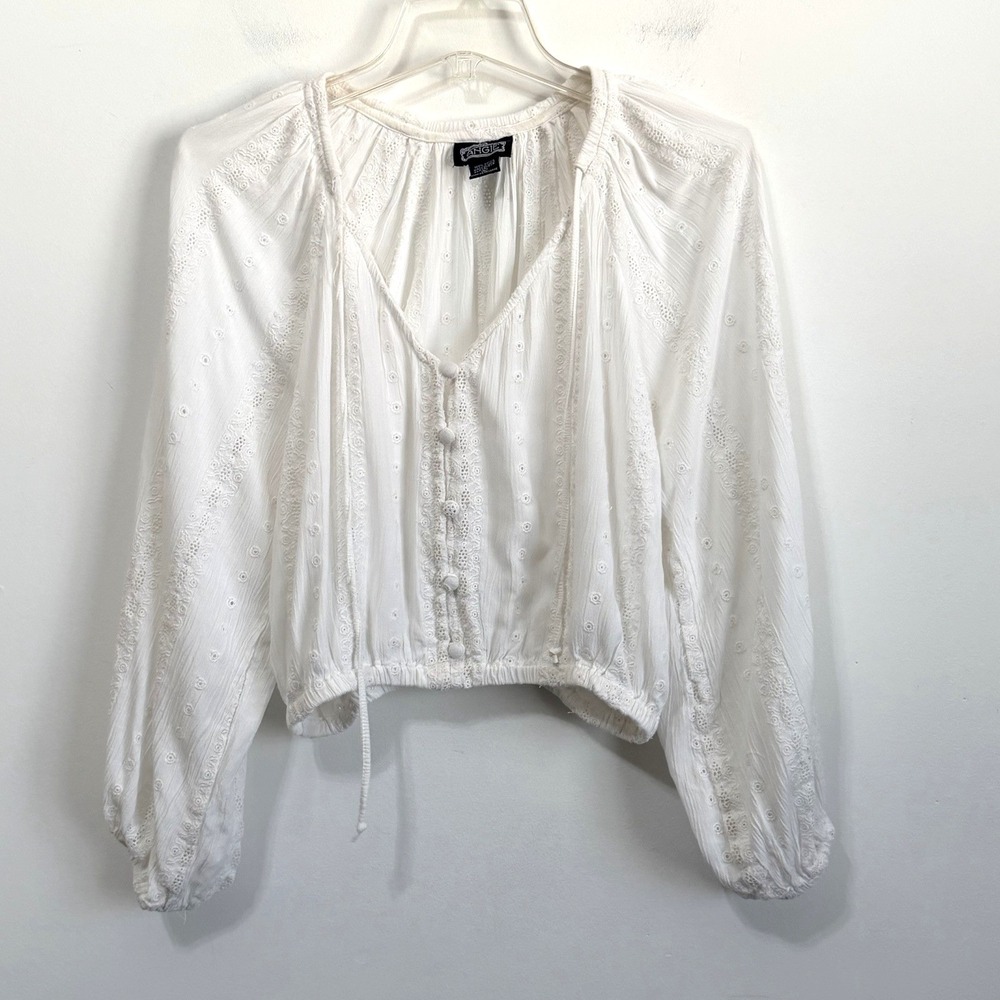 Angie Peasant Top Crop L White Eyelet Balloon Sleeve Concert Festival Summer